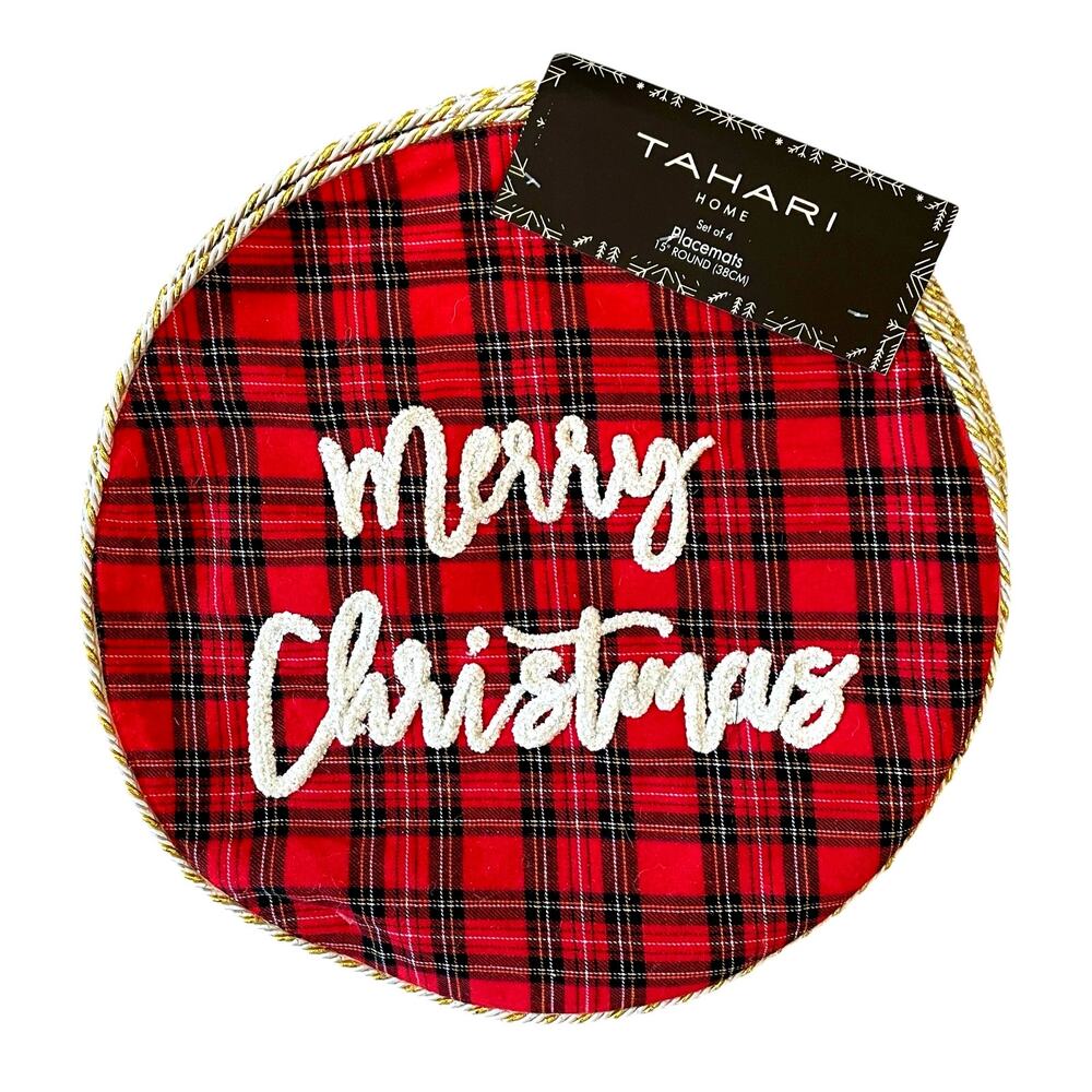 Tahari MERRY CHRISTMAS Red Tartan Plaid Placemats 15in Set of 4 Holiday New